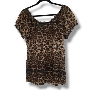 Once Again Leopard Print Top Sheer‎ Short Sleeve Blouse Women's Size XL
